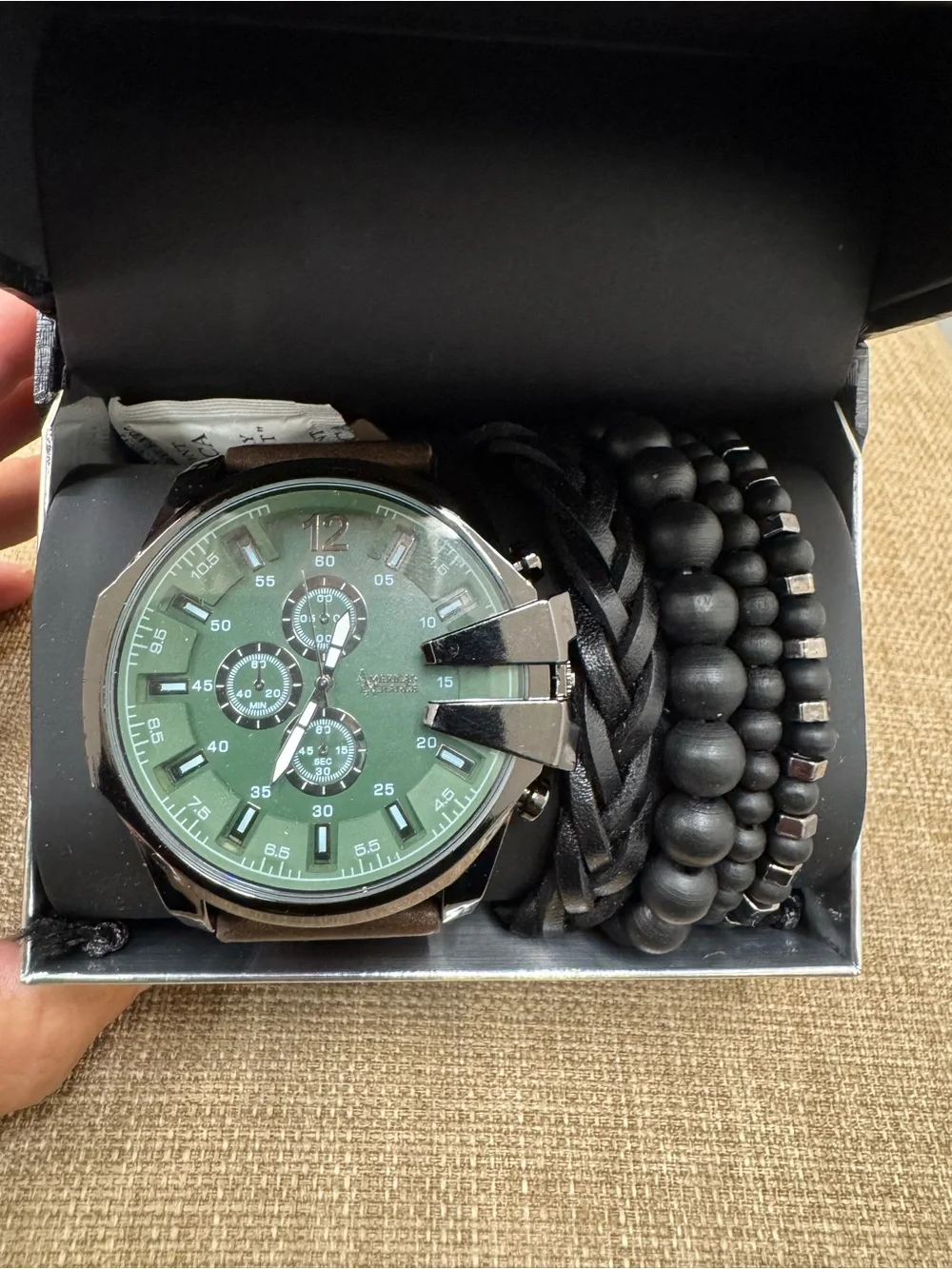 American Exchange Men's Wristwatch & Bracelet Set Green Dial Brown Leather Strap